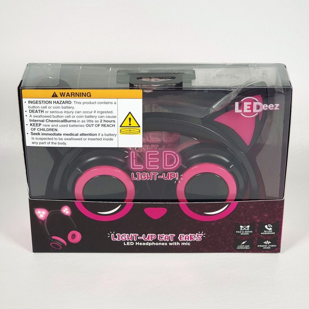 LeDeez Light-Up Cat Ears LED Headphones with Mic AUX Compatible Pink Brand New‎